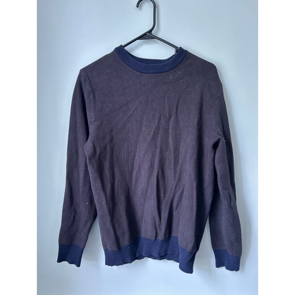 Lachlan British Inspired Mens Navy Brown Herringbone Crew Neck Sweater Size M